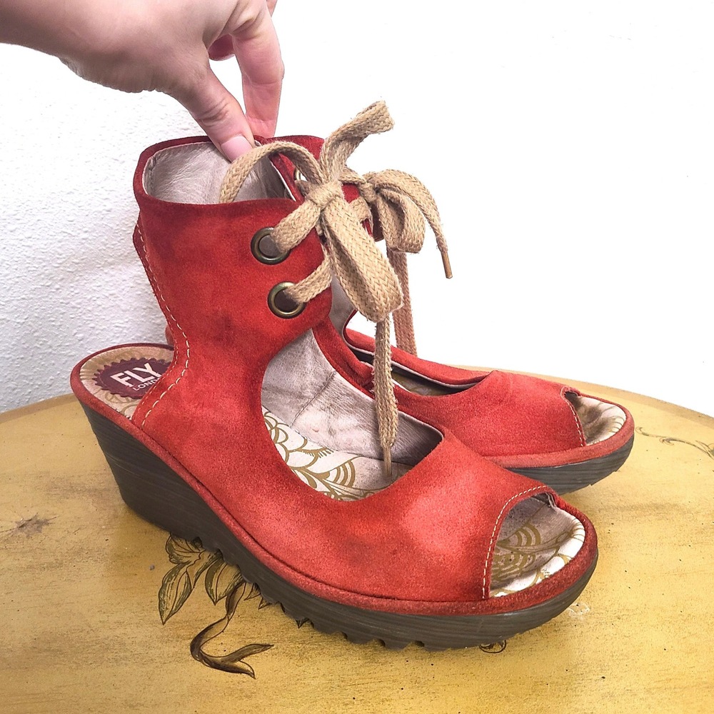 Fly London Yaffa EU 40 US 9 to 9.5 Red Suede Lace Up Wedge Platform Sandals - Picture 2 of 9